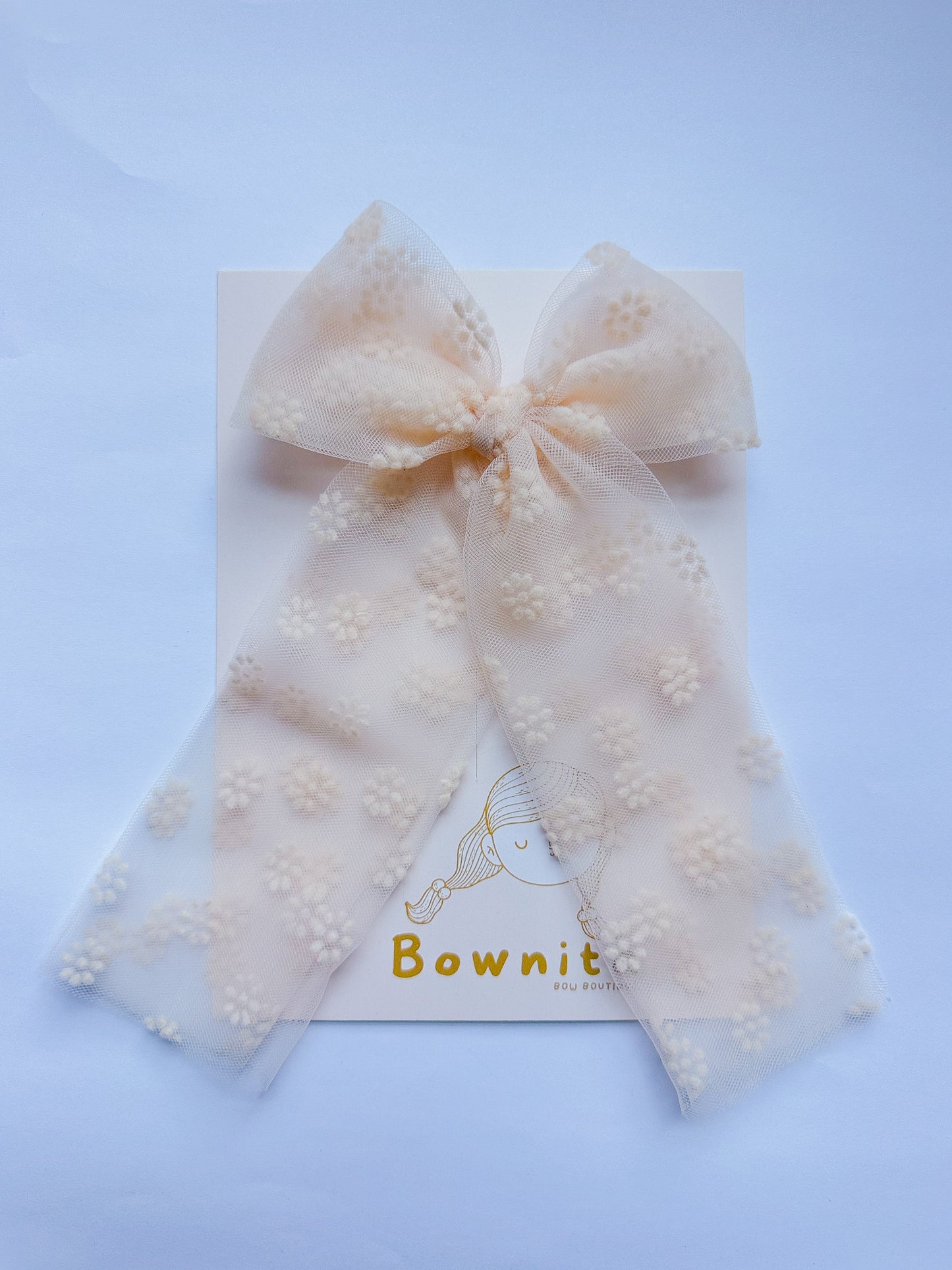 Soft Peach Beige Floral Tulle Tie Long Leg Bow