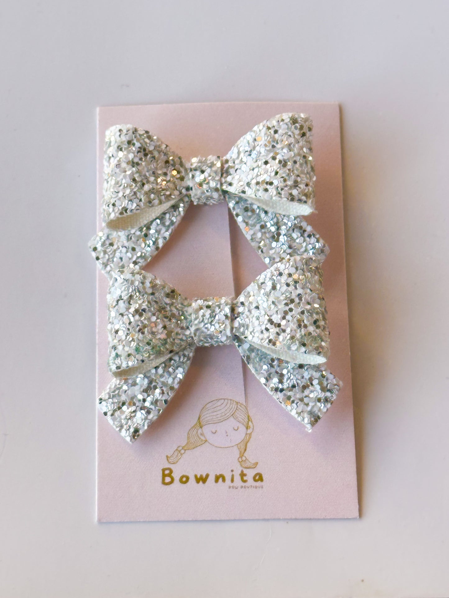 Silver White glitter bow set