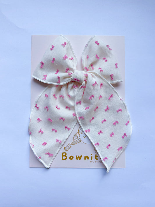 Pink Linen Flocked on Beige Large Fable Bows