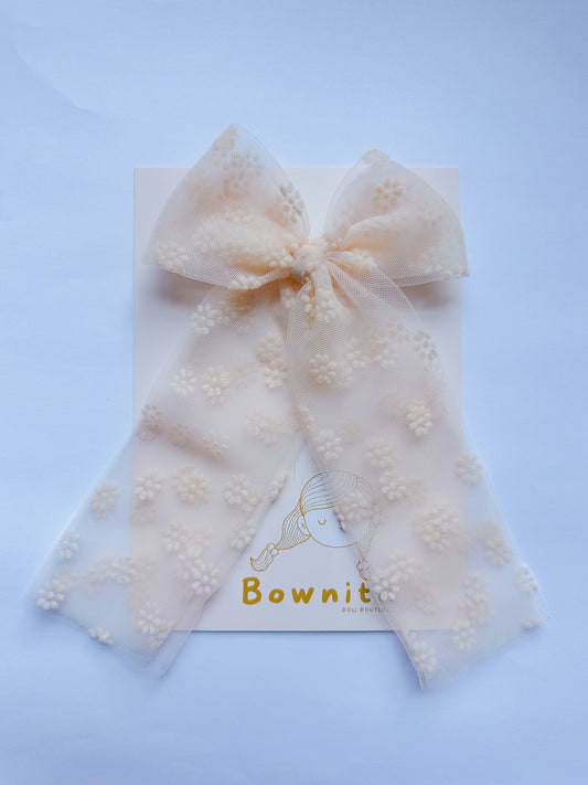 Soft Peach Beige Floral Tulle Tie Long Leg Bow