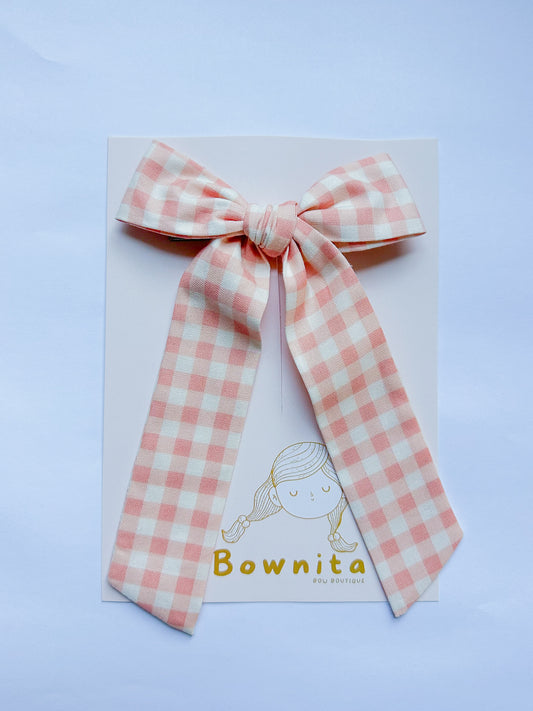 Peach Gingham Tie Long Leg Bow
