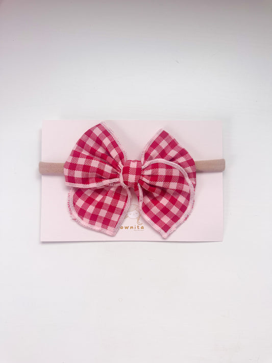 Rose and red gingham Bow newborn headband
