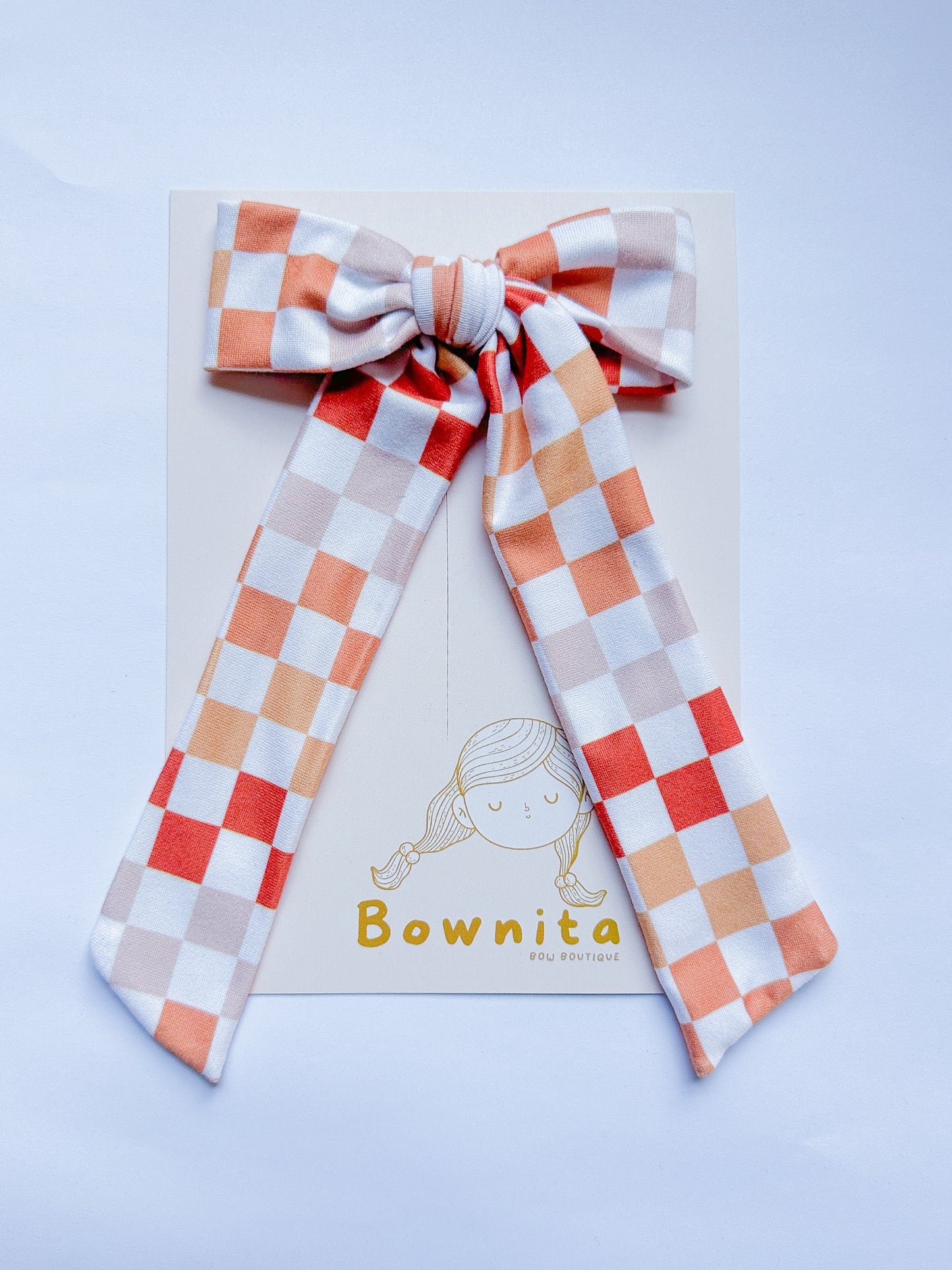 Peach Fall Checkered Tie Long Leg Bow