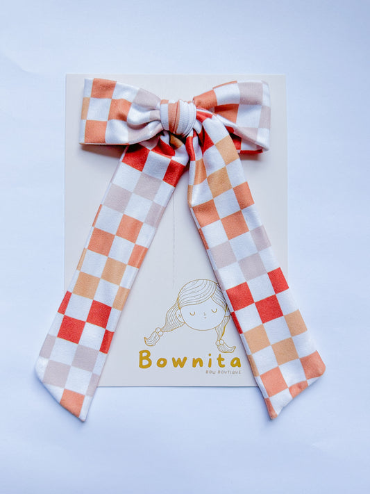 Peach Fall Checkered Tie Long Leg Bow