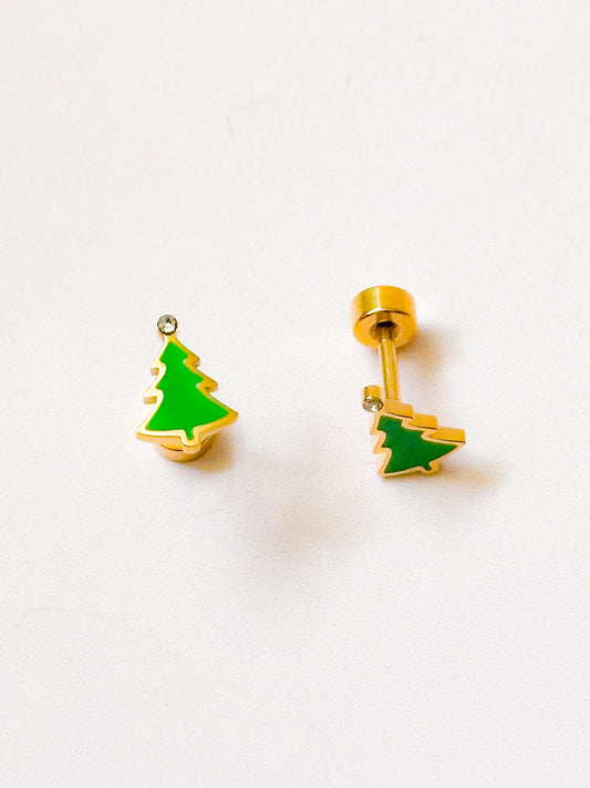 Green Holiday tree with gem mini Flat Back Stud Earrings