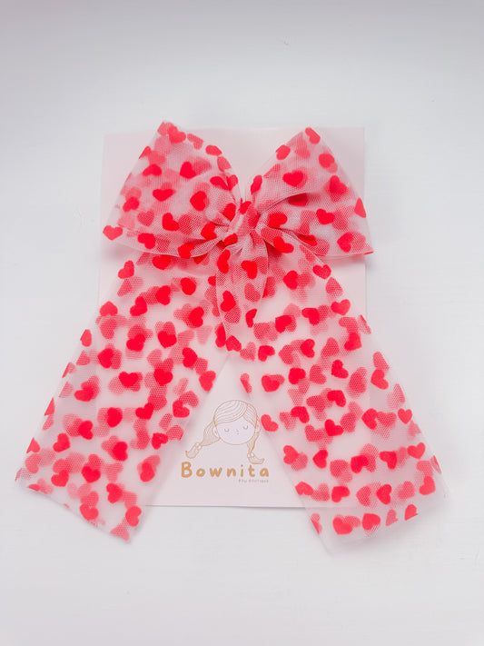 Red Hearts On white Tulle Tie large Bow