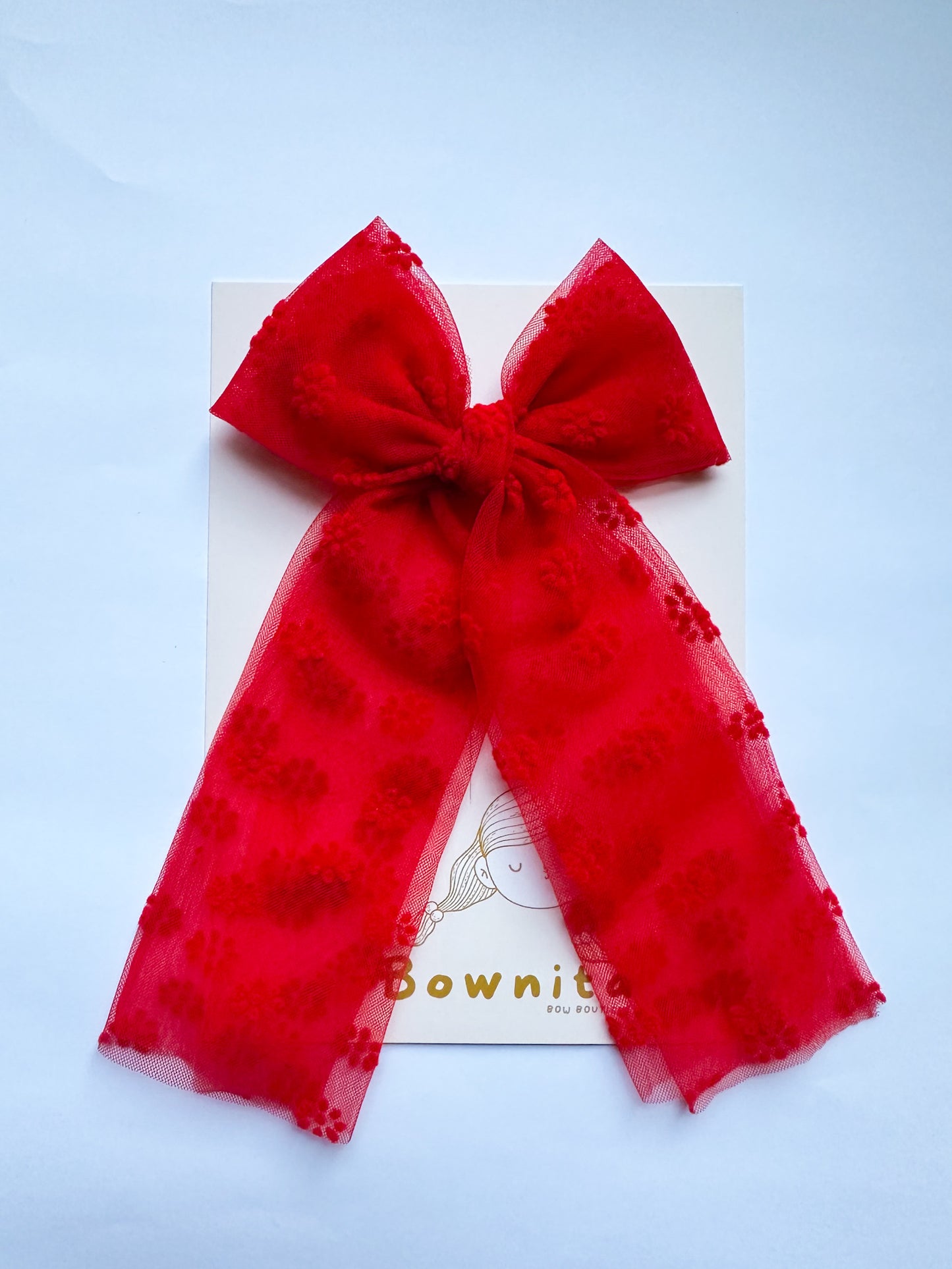 Red Floral Tulle Tie Long Leg Bow