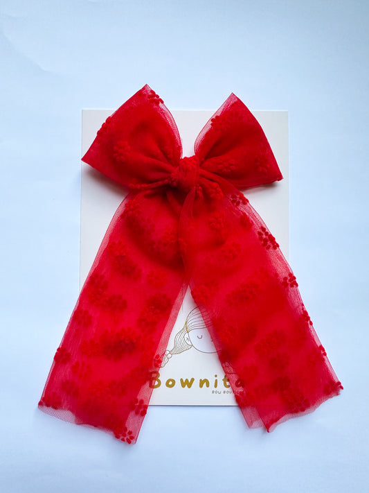 Red Floral Tulle Tie Long Leg Bow