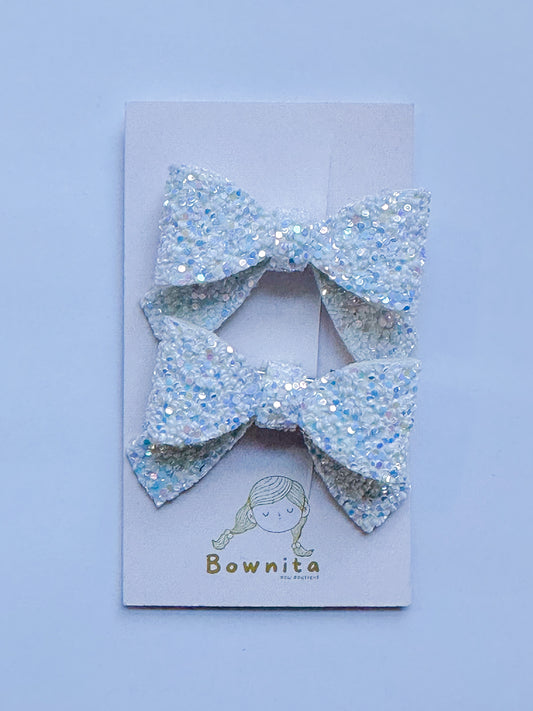 White Glitter Silver Mini Bow Set
