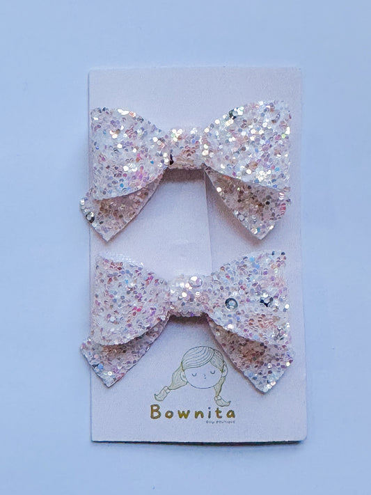 Soft Pink Glitter Silver Chunk Mini Bow Set